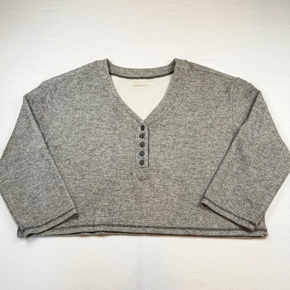 Urban Outfitters Grey Marl Henley Thermal V-Neck Cropped Top Medium